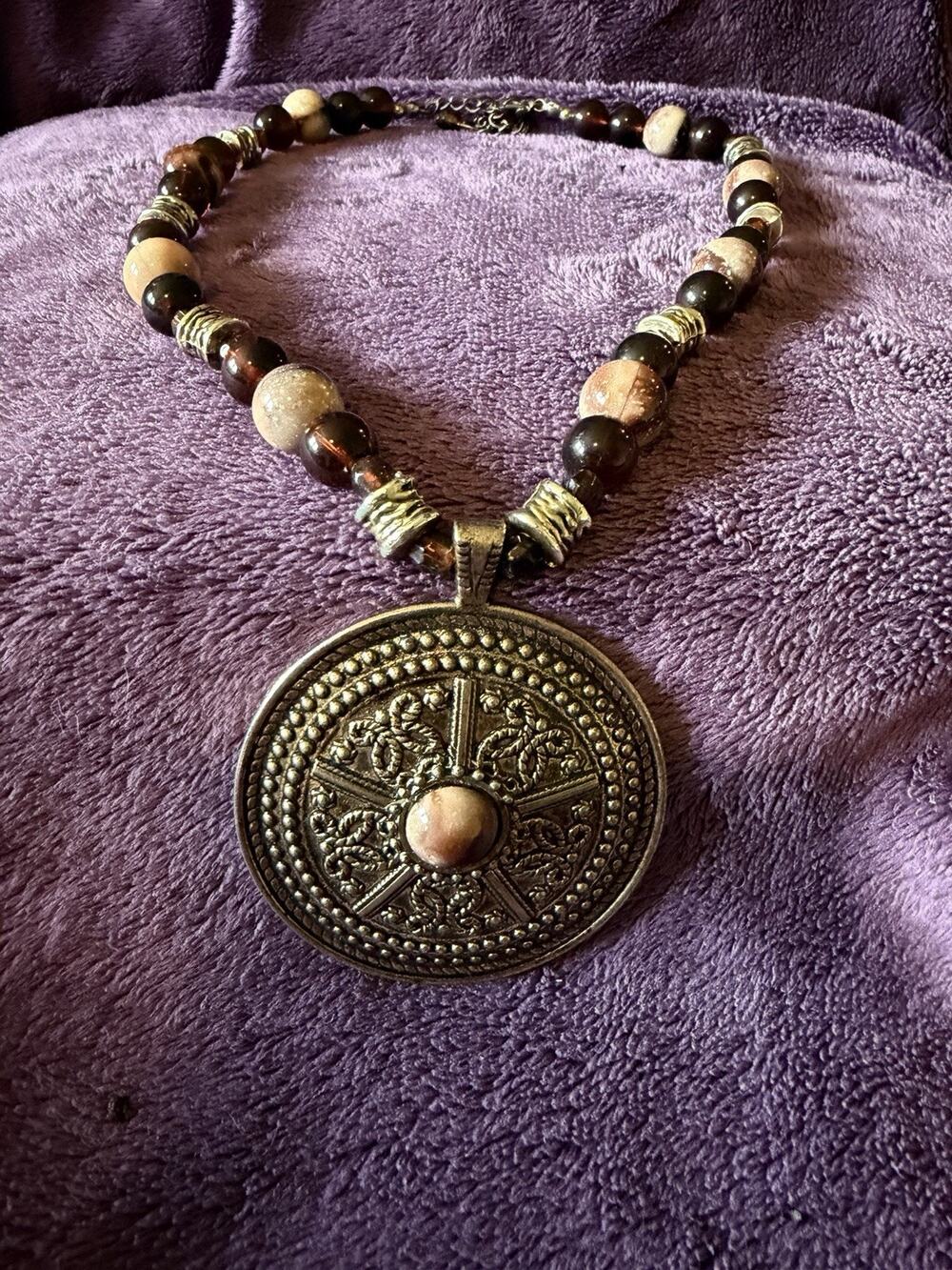 Vintage Style Boho Beaded Necklace Ornate Brass Round Pendant